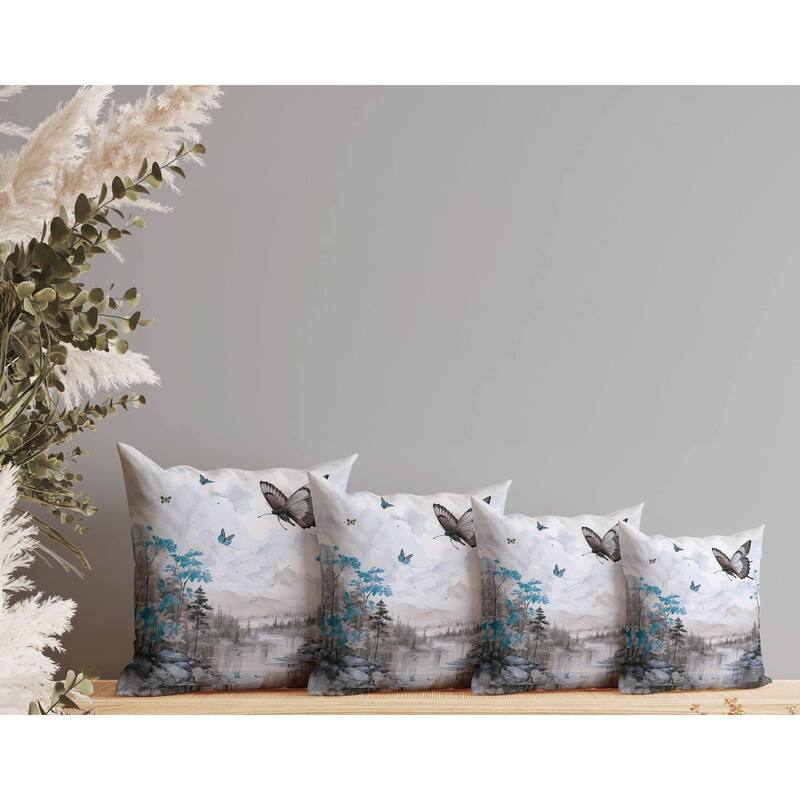 Fluttering Floral Heights Indoor/Outdoor Reversible Throw Pillow Gray and Cyan