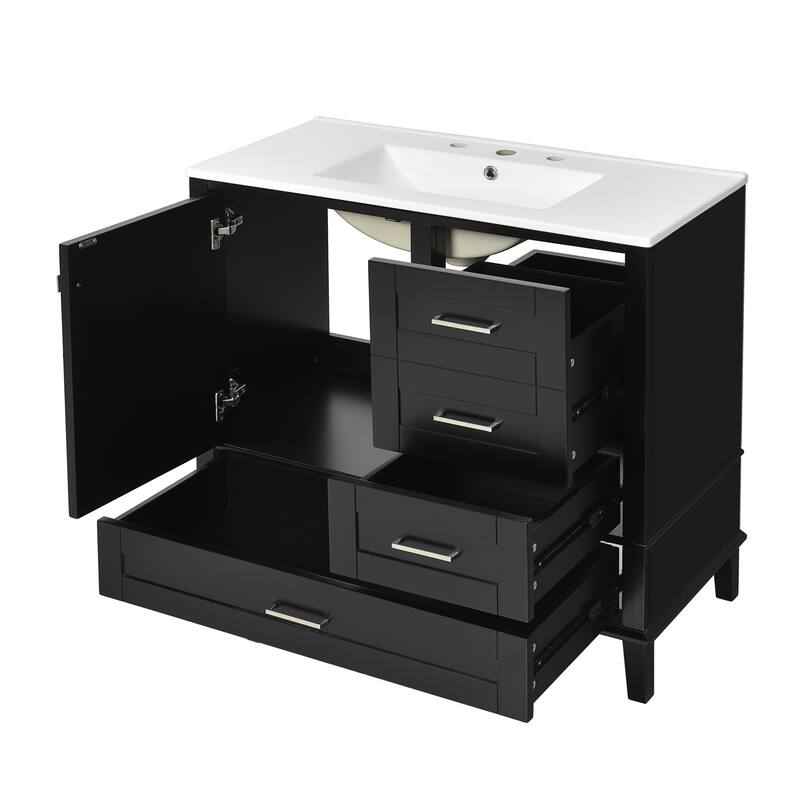 36" Bathroom Vanity with Solid Pine Frame, 1 Soft Close Door and 3 Drawers, Modern Storage Cabinet