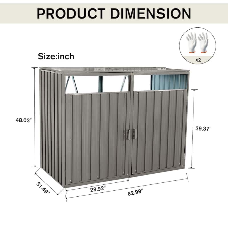 Garbage Bin Shed Stores 2 Trash Cans Metal Outdoor Bin Shed for Garbage Storage,Stainless Galvanized Steel