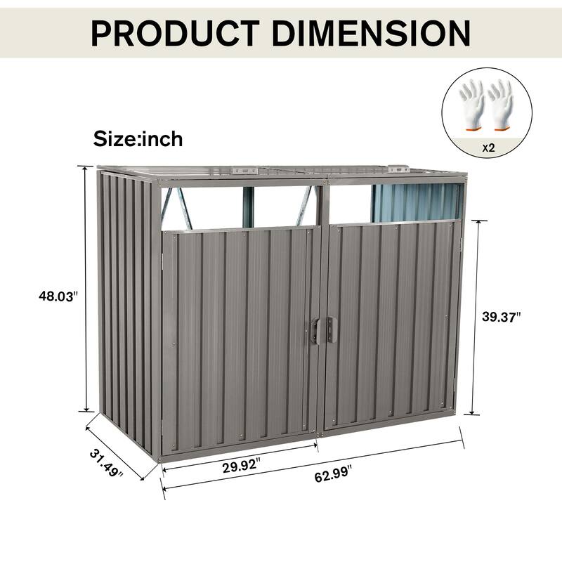 Grey Metal Garbage Bin Shed Outdoor Storage with Lockable Lids and Ventilated Doors - 62.99”L x 31.49”W x 48.03”H