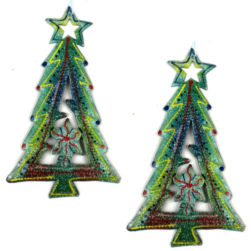Painted Tree with Stars Haitian Metal Drum Christmas Ornament Set of 2 - N/A