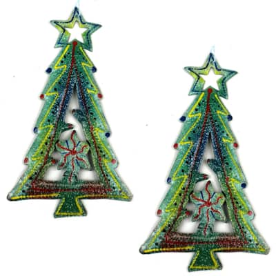 Painted Tree with Stars Haitian Metal Drum Christmas Ornament Set of 2 - N/A