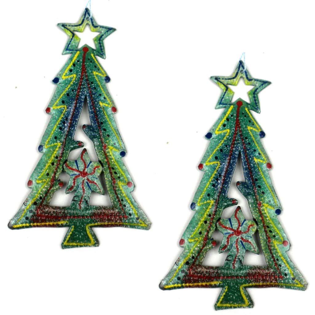 Painted Tree with Stars Haitian Metal Drum Christmas Ornament Set of 2 - N/A