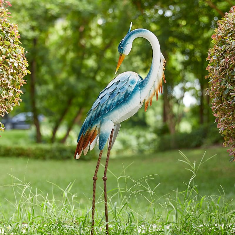 Glitzhome Metal Standing Crane Flamingo Garden Statue with Stakes Yard Art Sculpture Porch Decor - 38.5"H Crane