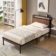 preview thumbnail 1 of 6, Twin Size Metal Platform Bed Frame with Wooden Headboard and Footboard , Includes USB Charging Ports Black+Brown
