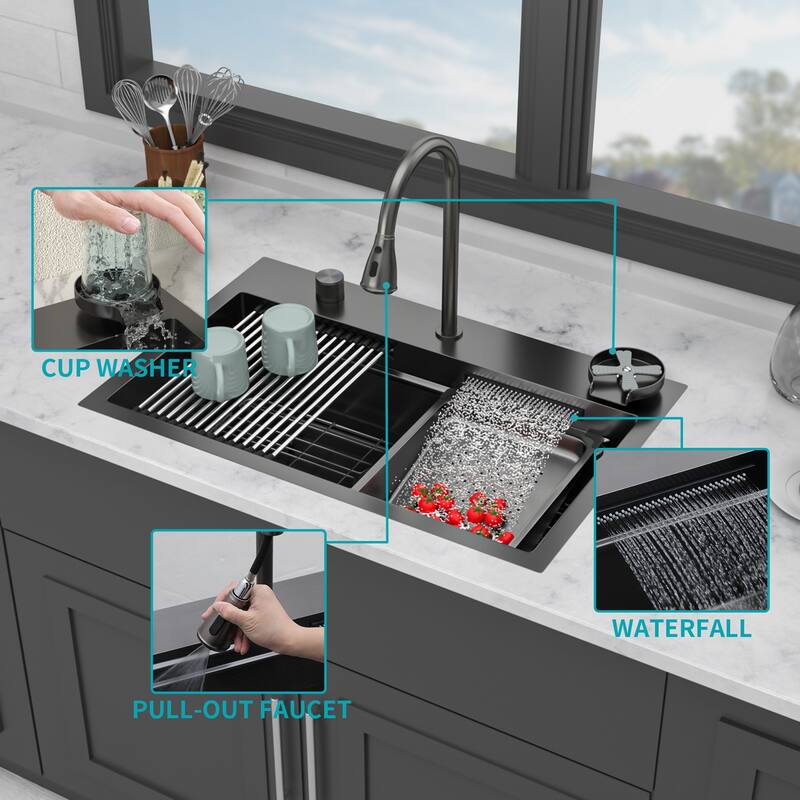 31.5 Inch Drop-in Single Bowl 16 Gauge Stainless Steel Kitchen Sink with Pull-Down Faucet - 31.5'' x 21'' x 9.4''