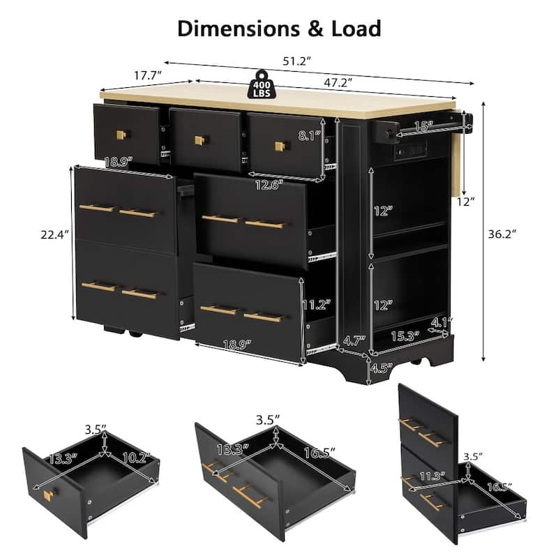 Kitchen Island with 6 Drawers,Drop Leaf, Power Outlet, 5 Open Side Racks