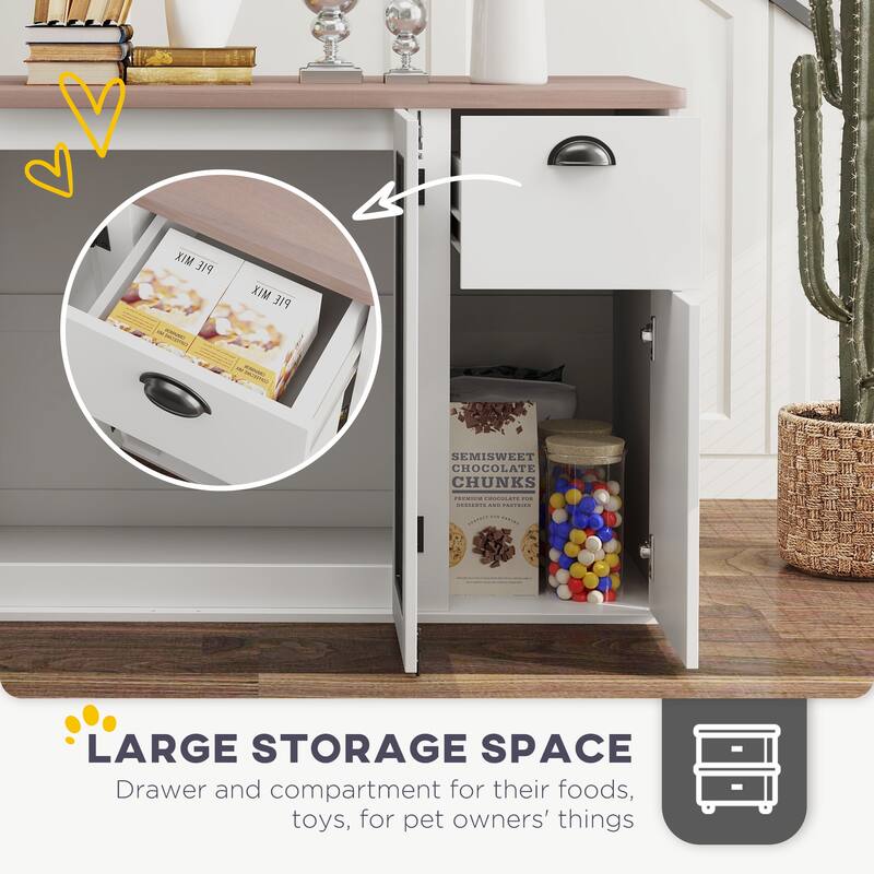 PawHut Dog Crate Furniture, 44" Dog Kennel Furniture End Table with Double Door, Storage, Drawer, Indoor Furniture, White