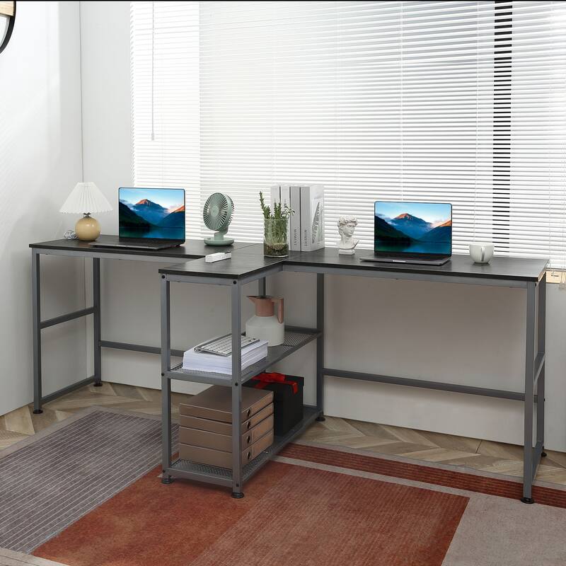 Dual Workspace 83" Computer Desk with 2 Storage Shelves, Sturdy Steel Frame, Perfect for Home Office or Study Room