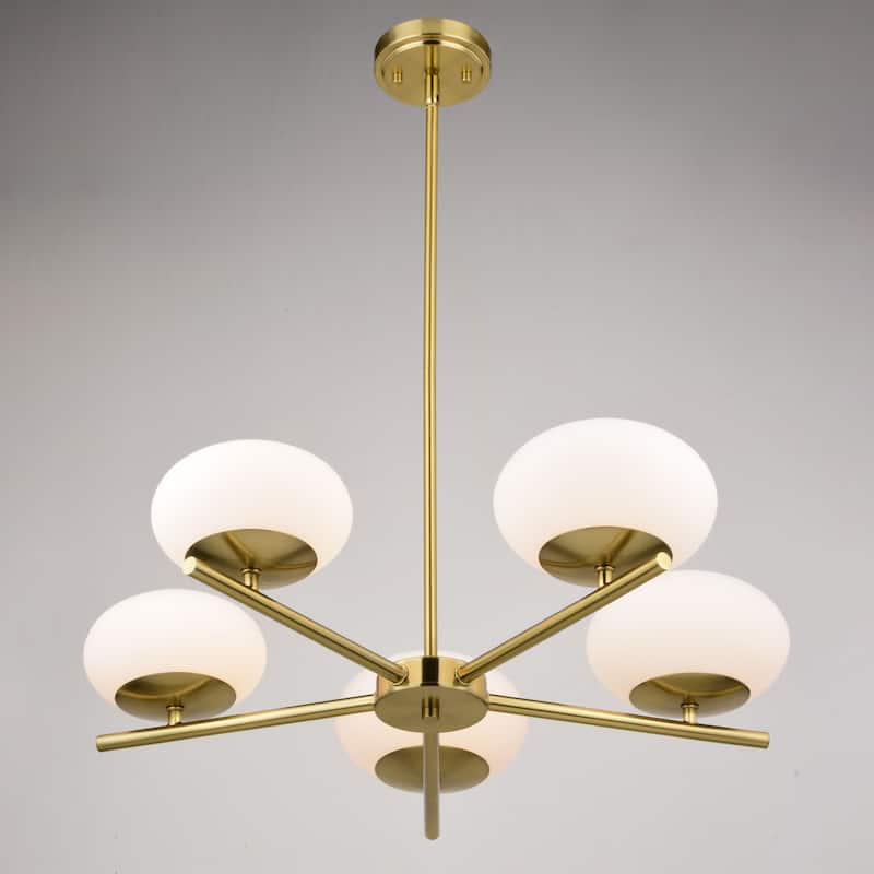 Sloane 5 Light LED Gold Satin Brass Mid-Century Modern Chandelier with White Glass Globes - 27-in W x 7-in H x 27-in D