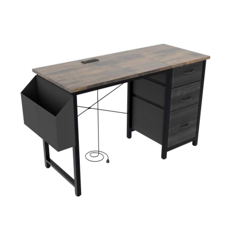 47'' Office Desk, Modern Reversible Study Writing Desk Workstation With Hutch, 3 Drawers, Power Outlets And Side Pockets