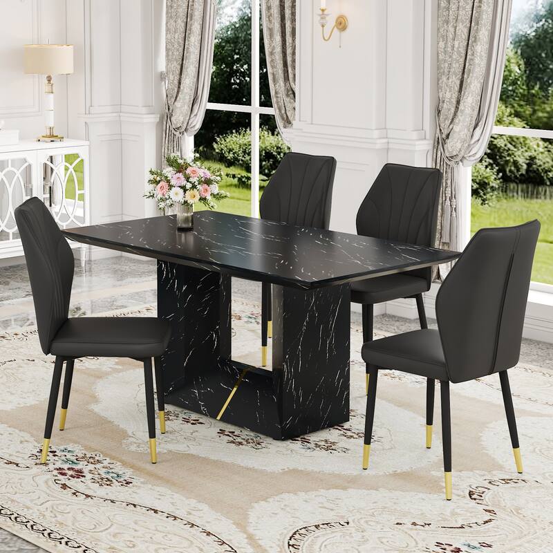Modern 5-Piece Dining Set with Rectangular Table & Widened Backrest Chairs - Black