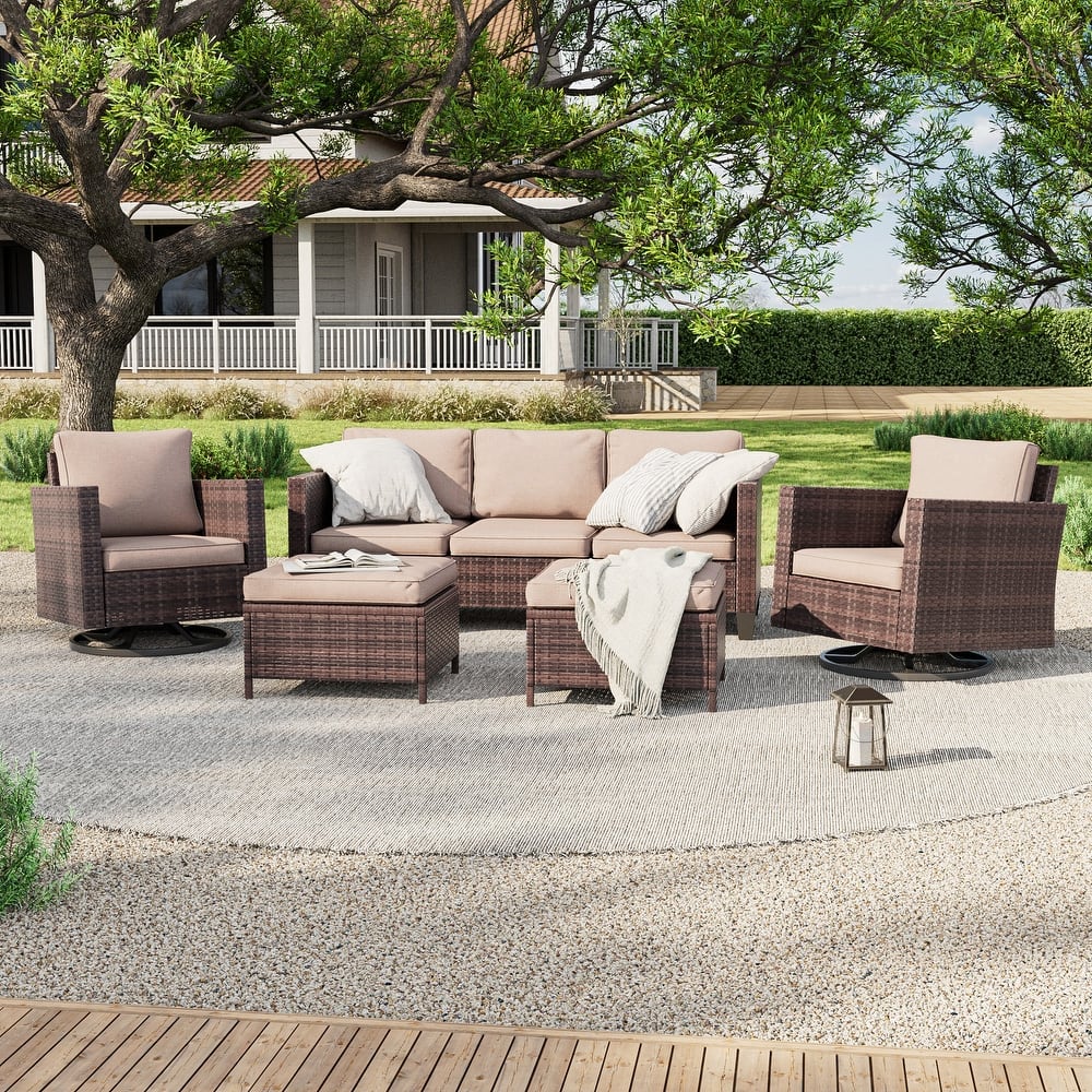 LIVOOSUN 5Pcs Patio Brown Rattan Outdoor Furniture Swivel Rocking Sofa Set