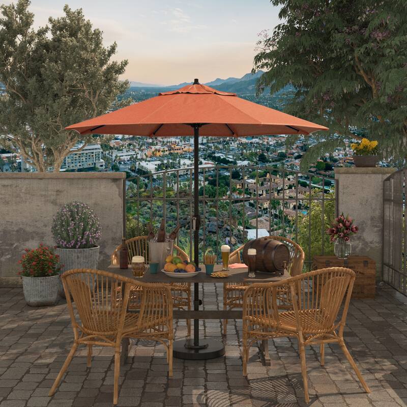 California Umbrella 7.5' Round Crank Lift Auto Tilt 8 Rib Aluminum Patio Umbrella, Bronze Finish, Olefin Royal Blue Fabric - Sunset