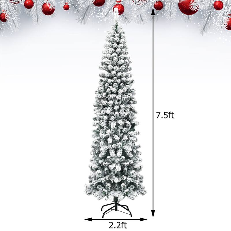 Gymax 7.5ft Snow Flocked Pencil Christmas Tree Artificial Pine Tree w/ - See Details