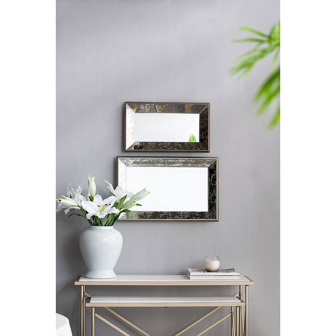 24" x 15" Antique Silver Rectangle Mirror with Floral Accents, Mirrored Display Tray, Hanging Wall Mirror