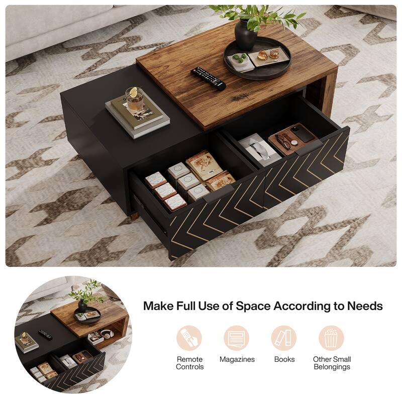 Extendable Coffee Table with 2-drawer and Wood Sliding Tabletop for Living Room