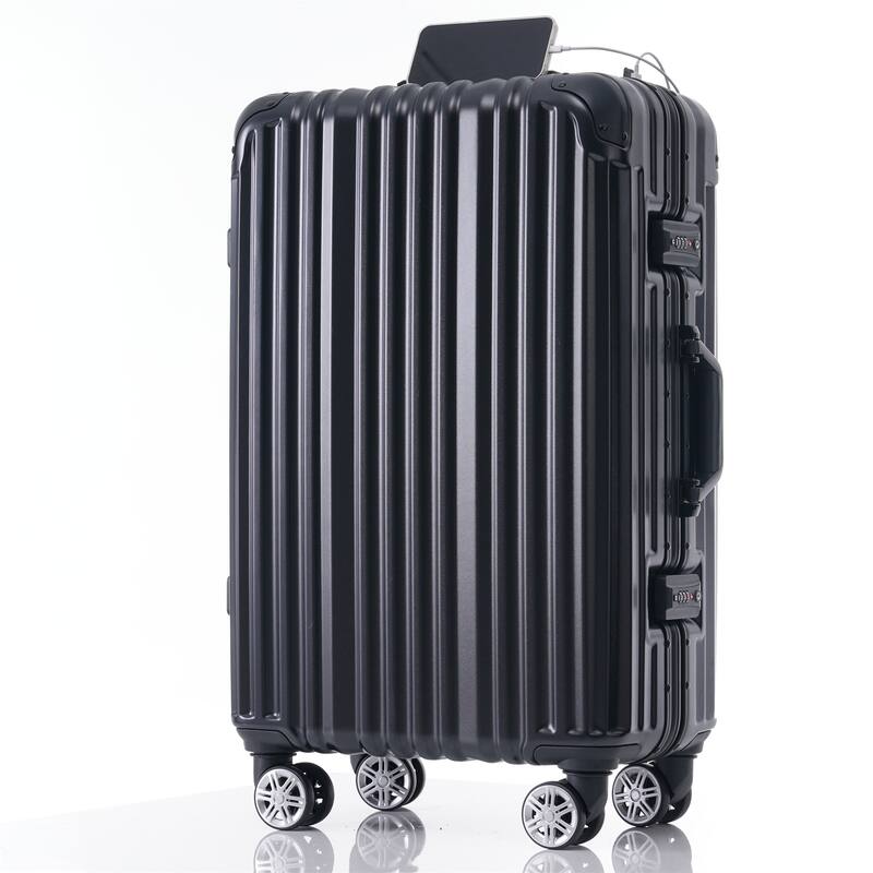 24in Aluminum Frame Luggage with USB port, Vacation Carry-On Suitcase with Spinner Wheels and TSA Lock, Travel Trolley Case