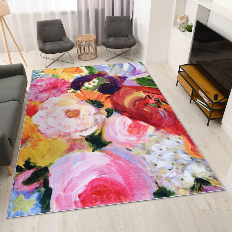 Yellow and Violet I, Hand Washable Flowers Art Area Rug, power-loomed, 100% polyester, 2mm pile, non-slipping back - 7.5' x 10.3'