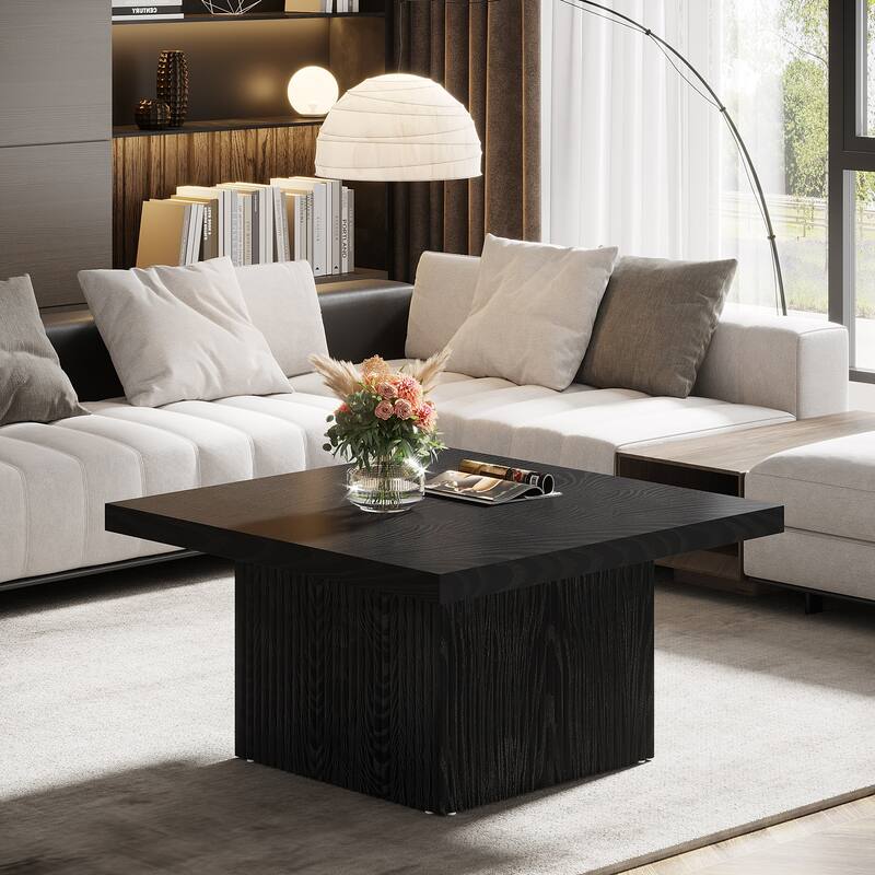 31.5 Brown Wood Square Coffee Table, Large Fluted Coffee Table for Living Room