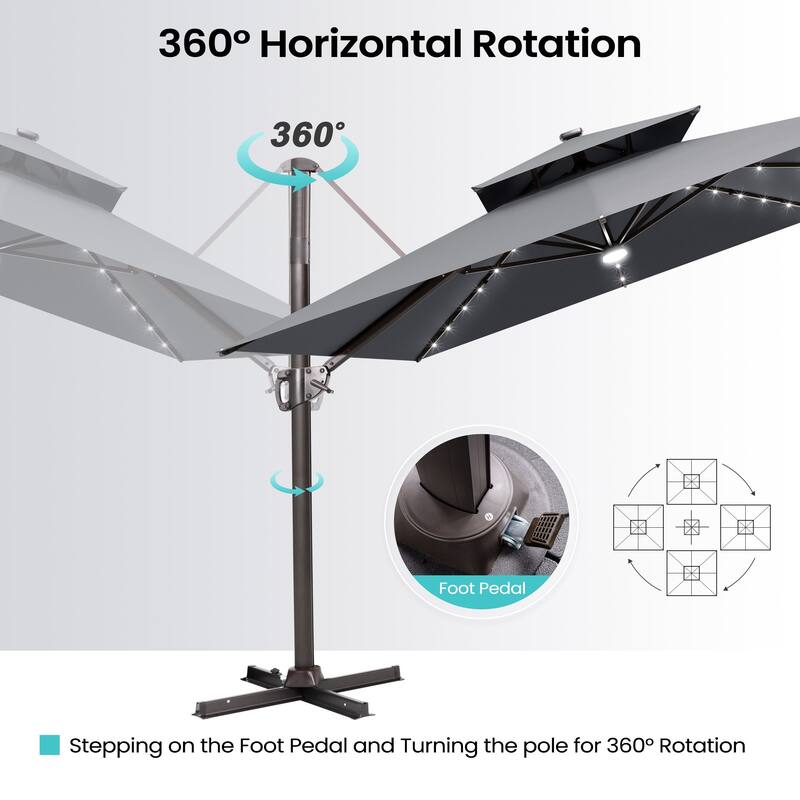 9 x 11 FT Outdoor LED Lighted Double Top Patio Cantilever Umbrella with Base