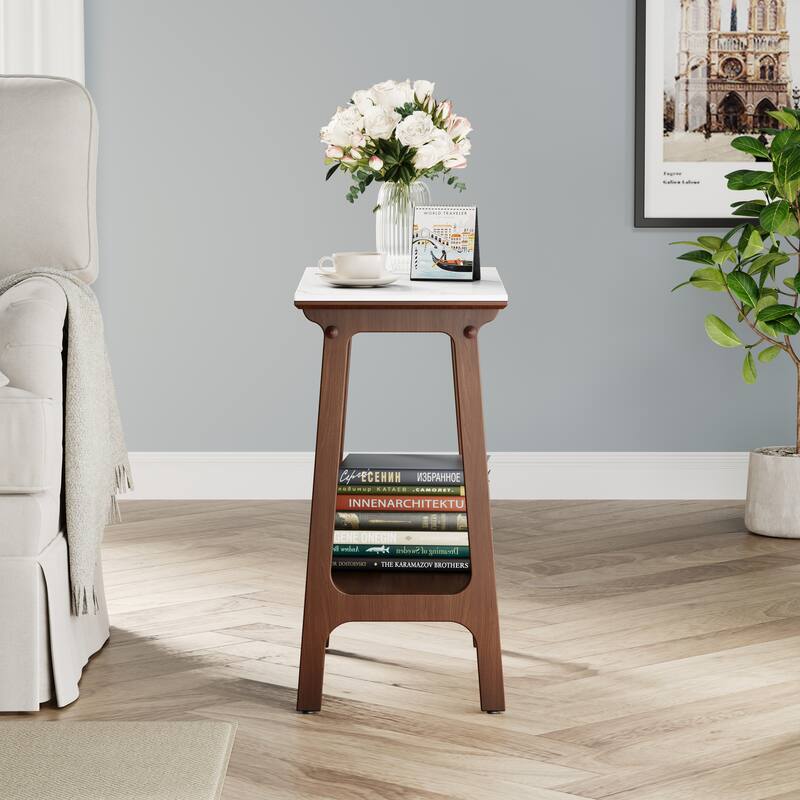 Narrow Slate Side Table with Storage Shelf, Small End Table for Living Room Bedroom Small Spaces, Nightstand Bedside Table