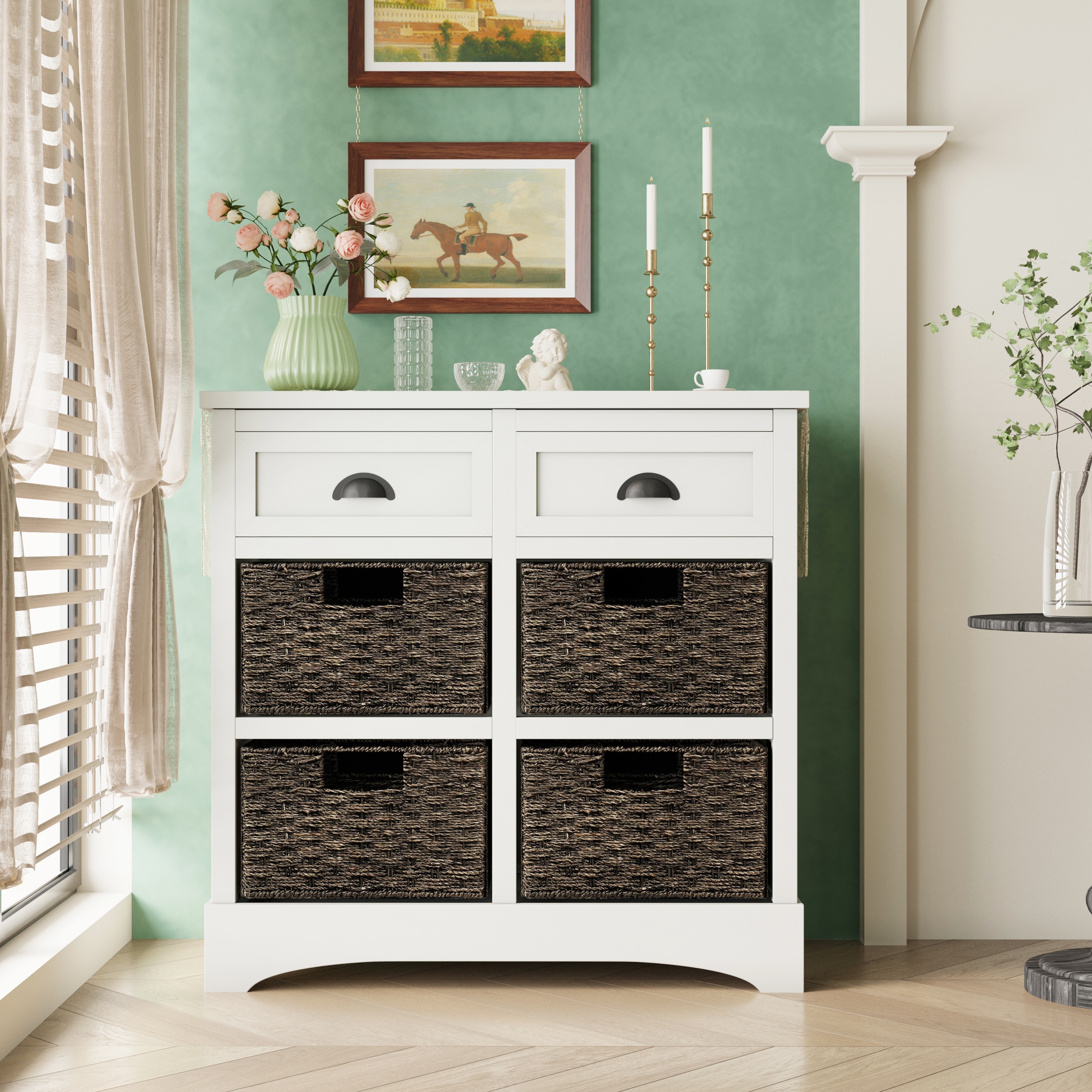 Clearance! Rustic Storage Cabinet with Two Drawers and Four Classic Rattan  Basket for Dining Room/Entryway/Living Room (Antique Navy)