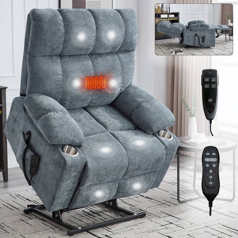 Power Lift Recliner Chair with Massage & Heat – 350 lbs Capacity, Dual Motor, 8-Point Vibration, Lumbar Heating, Cup Holders