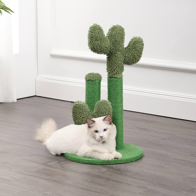 Marfa 21.5" Modern Jute Triple-Cactus Cat Scratching Post with Fuzzy Toy, Green