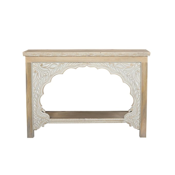 HomeRoots 56" Natural Solid Wood Distressed Console Table With Shelf - 56 in. x 40 in. x 18 in.