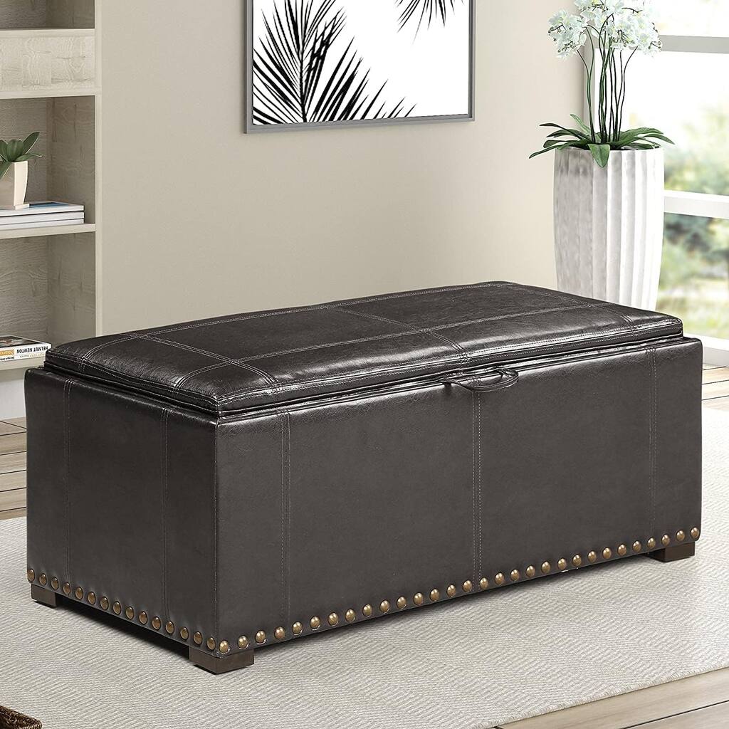Leather Storage Bench with 2 Side Ottomans, Black