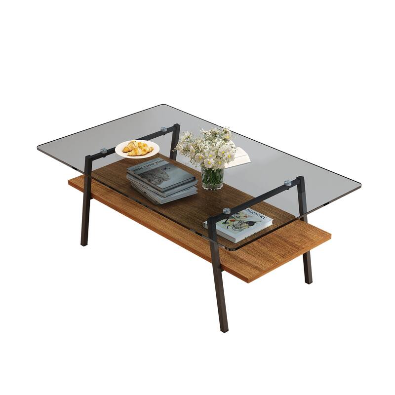 Rectangle Coffee Table, Tempered Glass Tabletop with Black Metal Legs