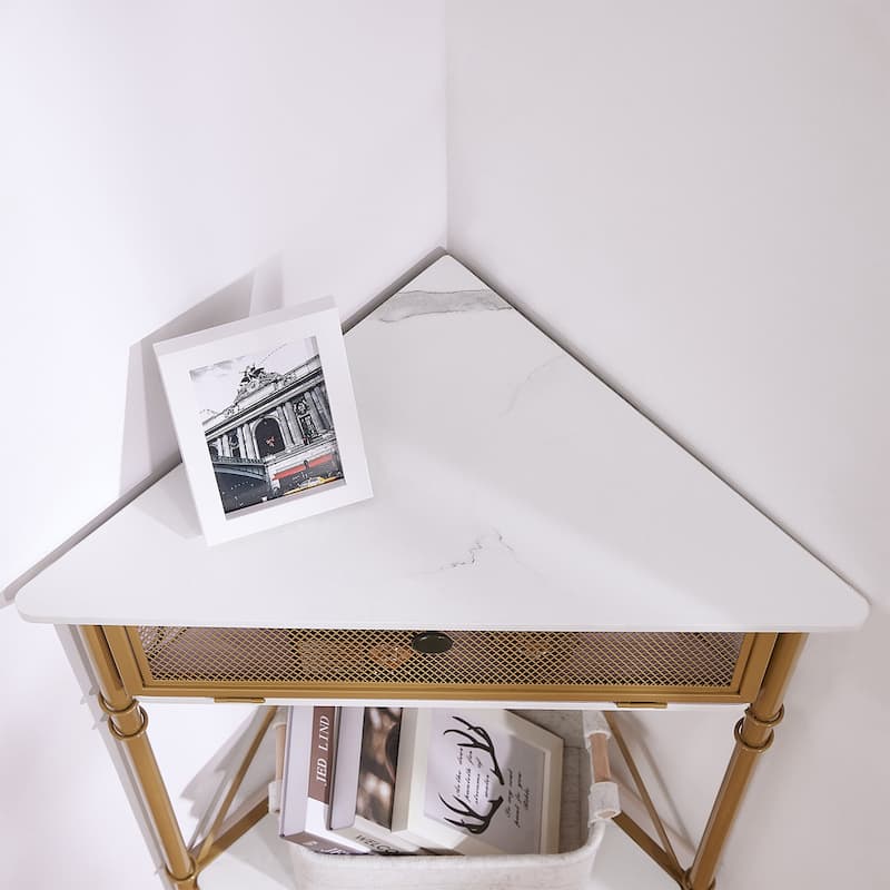 Javlergo Corner Table with Drawer and Storage Shelf Triangle Freestanding Floor Cabinet for Kitchen Living Room and Bedroom