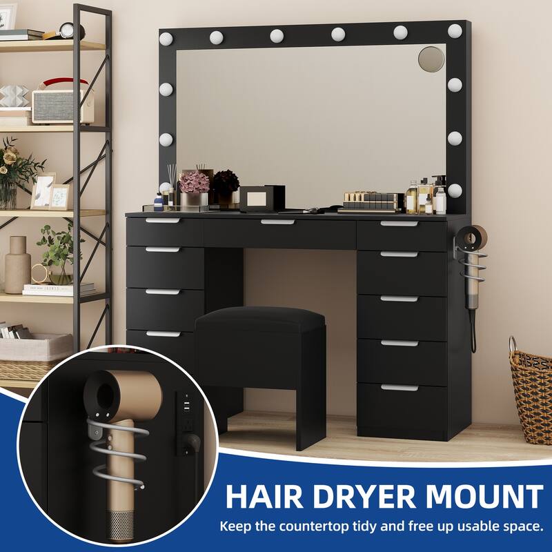 Moasis White 10-Drawer Cosmetic Vanity Desk Set with Glass Tabletop Makeup Vanity with LED Strip