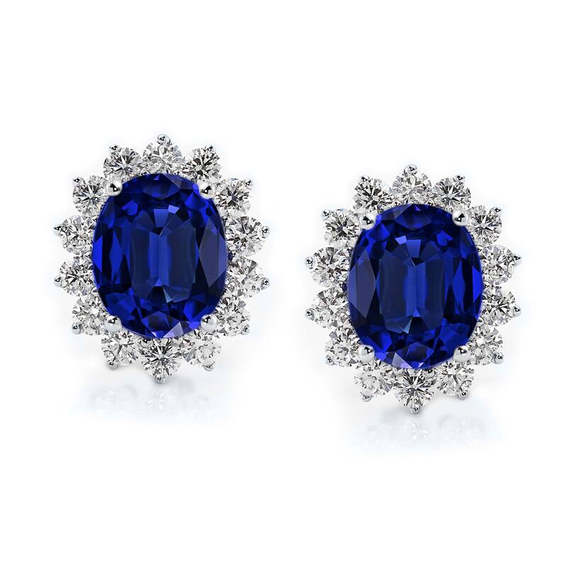 Auriya Fancy 10 3/4ct Royal Blue Sapphire Oval and 2 3/8ctw Halo Diamond Stud Earrings 18K Gold