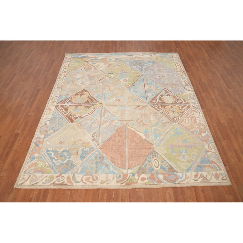 Hand Knotted Oriental 100% Wool Carpet Transitional Geometric Multi-Colored Oushak Area Rug - 9' 9'' X 8' 4''