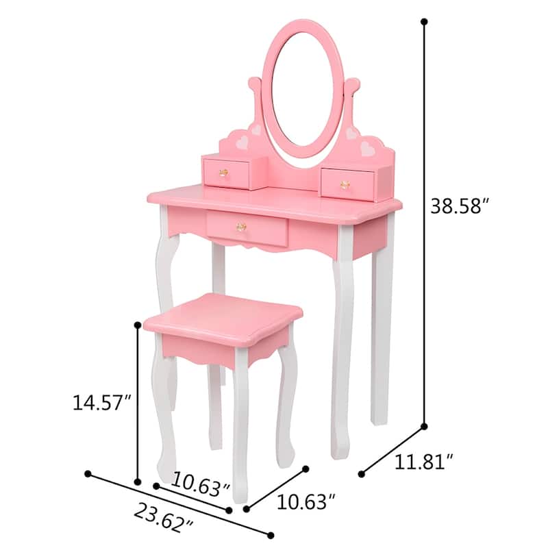 Kids Vanity Table and Stool Set Wooden Dressing Table Reversible Round Mirror
