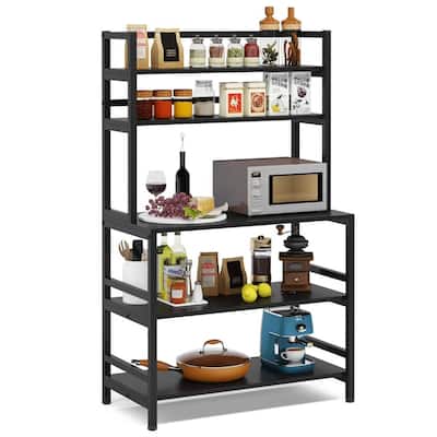5-Tier Black Metal Kitchen Storage Rack with Microwave Shelf and Wood Panel Shelves - 66.5'' H x 31.5'' W x 15.7'' D