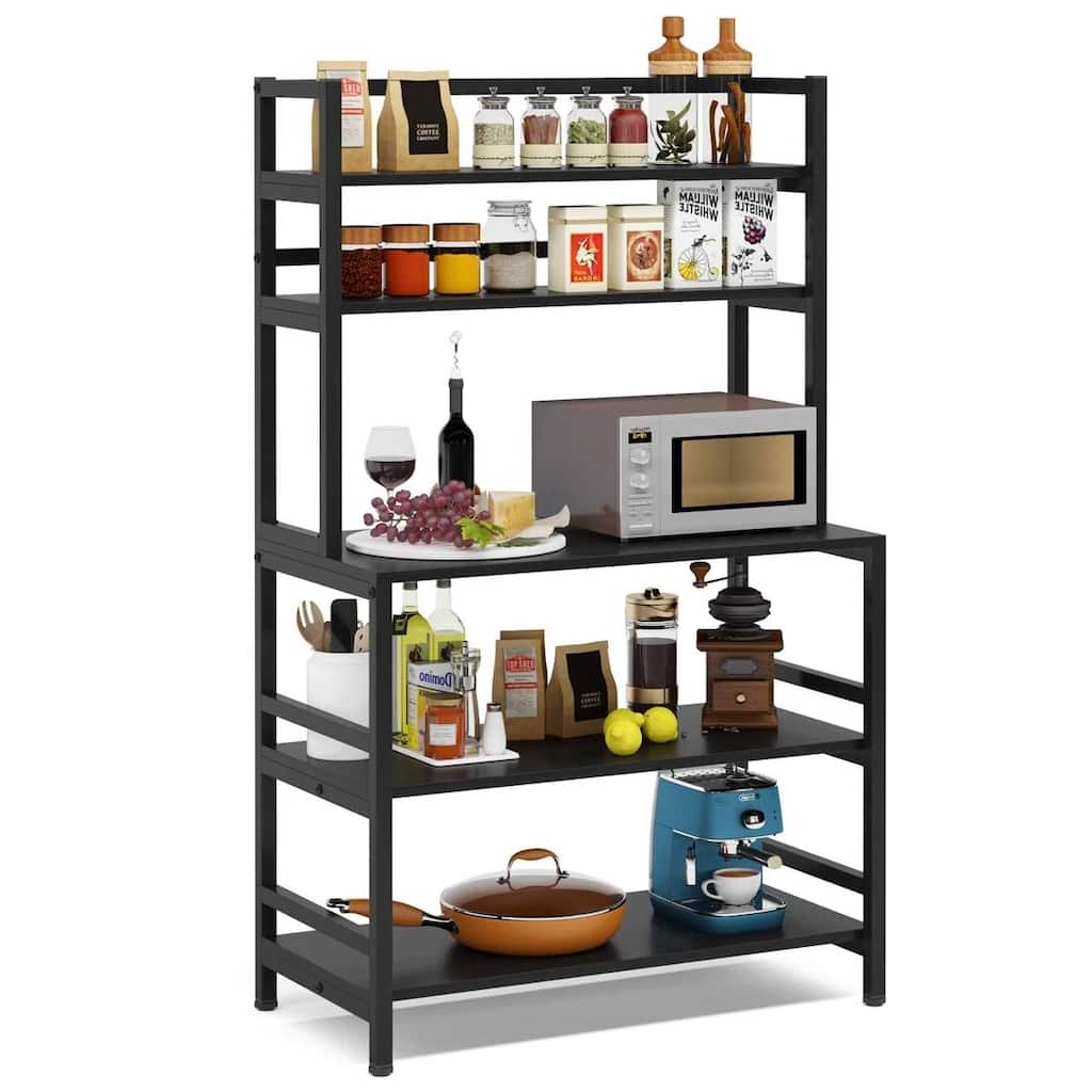 5-Tier Black Metal Kitchen Storage Rack with Microwave Shelf and Wood Panel Shelves - 66.5'' H x 31.5'' W x 15.7'' D
