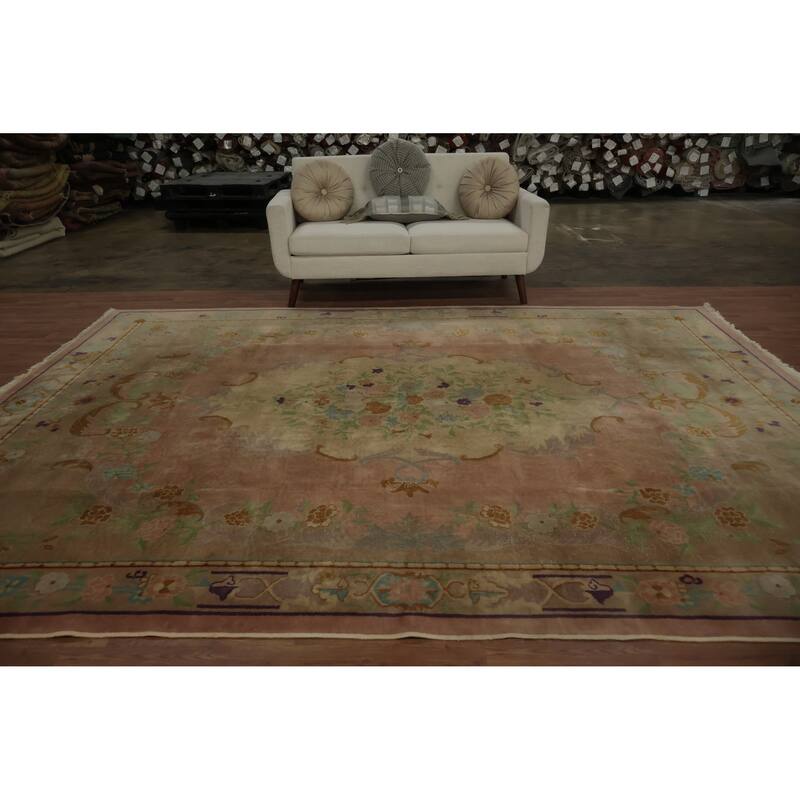 Hand Knotted Oriental 100% Wool Carpet Traditional Floral Oranges & Rust Art Deco Area Rug - 11' 9'' X 8' 11''