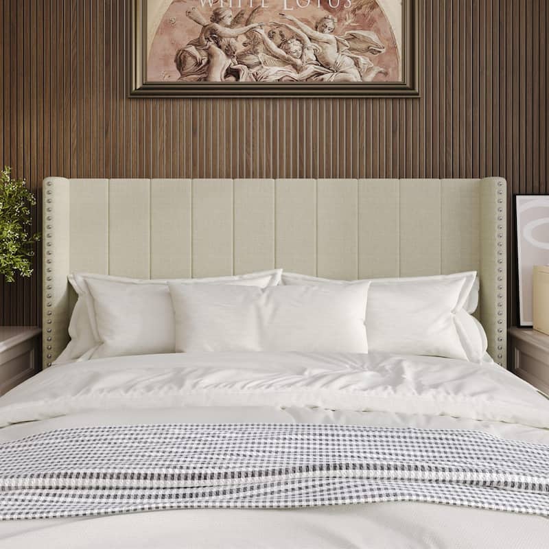 Clayfell Ipswich Upholstered Wingback Headboard with Nailhead Trim, Modern Vertical Channel Tufting, Easy Assembly - Beige - Twin
