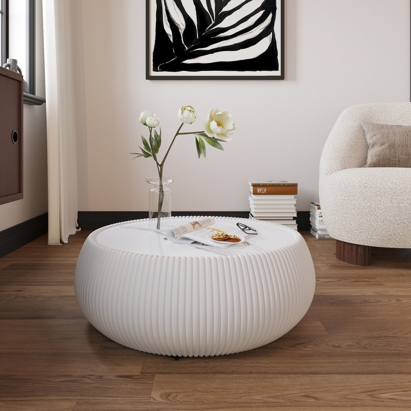 Contemporary Round Drum Coffee Table - Light Sintered Stone Top with Leather Details