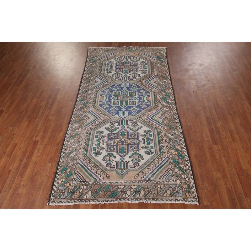 Beige Geometric Bakhtiari Vintage Persian Rug Handmade Wool Carpet - 4'10" x 9'9"