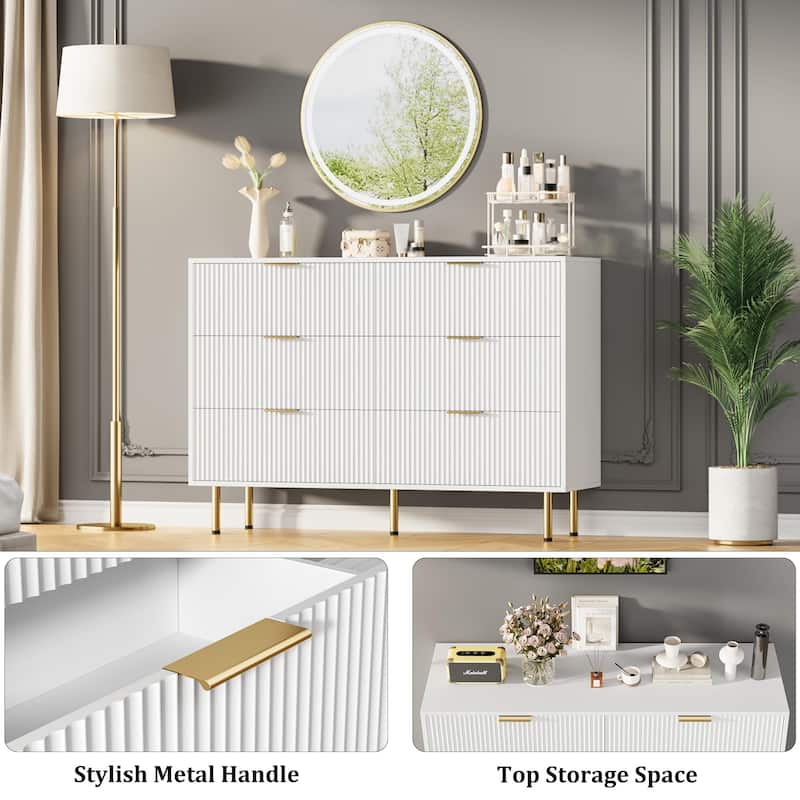 6 Drawer Fluted Dresser for Bedroom, Modern Wooden Storage Chest with Gold Handles