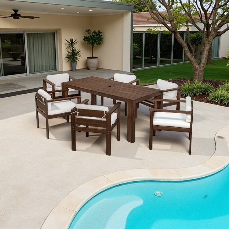 7-Piece Outdoor Dining Set with Rectangular Acacia Wood Table and Cushioned Chairs, Weather-Resistant Patio Furniture