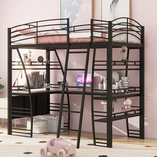 Twin Size Metal Loft Bed with 4 Layers of Shelves and L-Shaped Desk ...