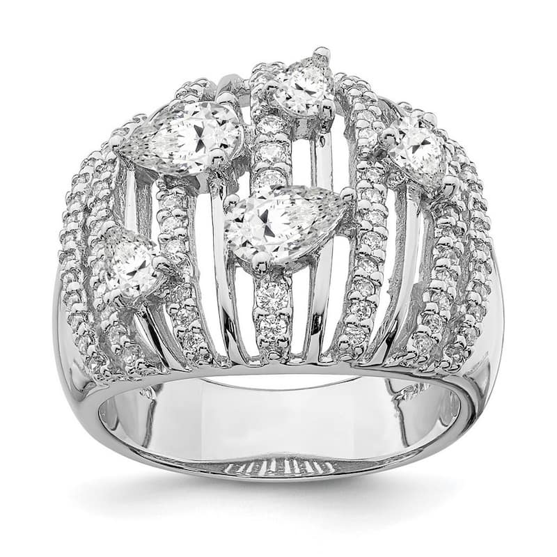 Curata 925 Sterling Silver Rhodium Plated Pear CZ Cubic Zirconia Domed Cluster Fancy Ring