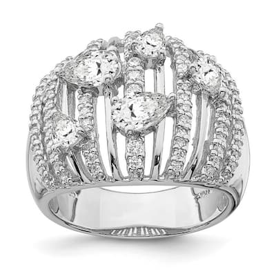 Curata 925 Sterling Silver Rhodium Plated Pear CZ Cubic Zirconia Domed Cluster Fancy Ring