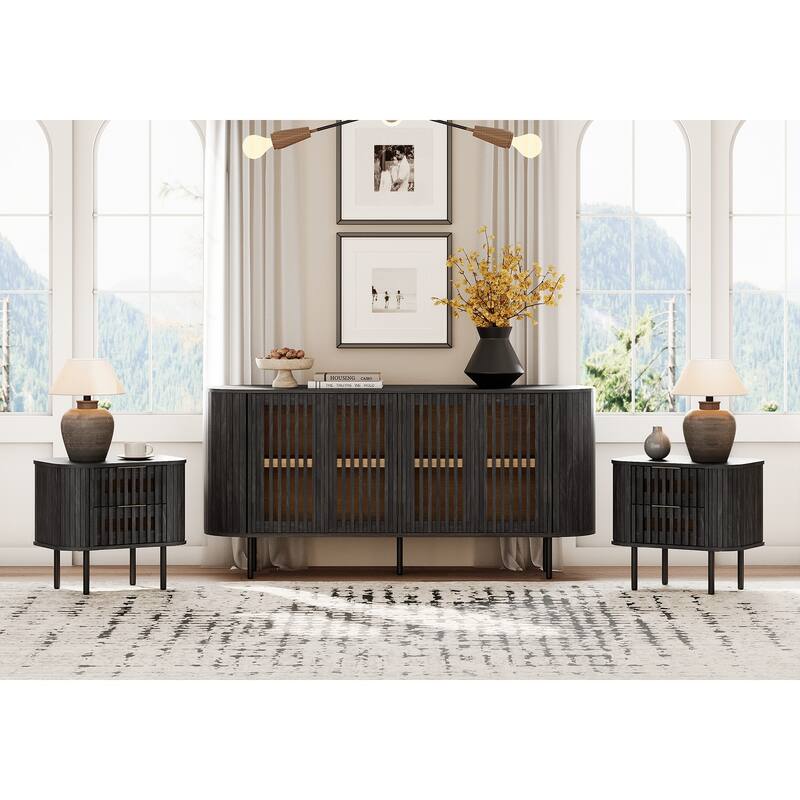WAMPAT 3 Piece Fluted Buffet Cabinet and Nightstand - Black