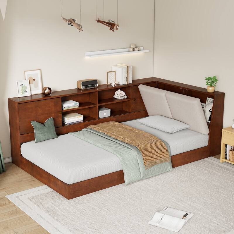 L-shaped Daybed Wooden Corner Sofa Bed Frame with Sliding Doors Bookcase Captains Bed, Upholstered Headboard Built-in Storage - Walnut Floor - Twin